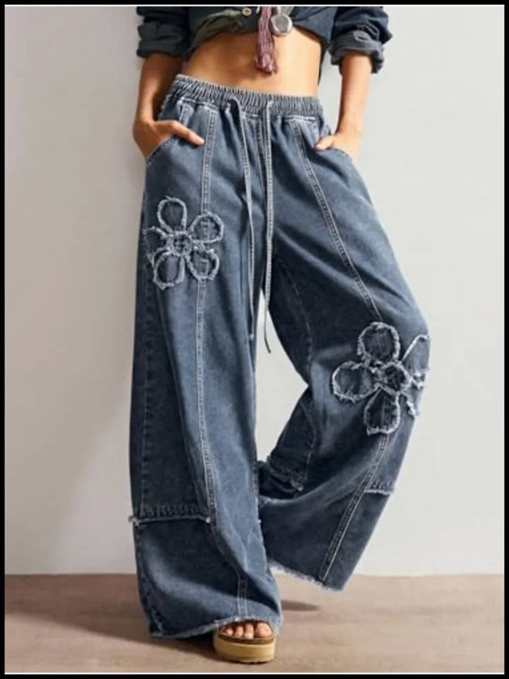 Y2K Floral Baggy Wide Leg Jeans Low Rise Drawstring Elastic Waist Denim Pants